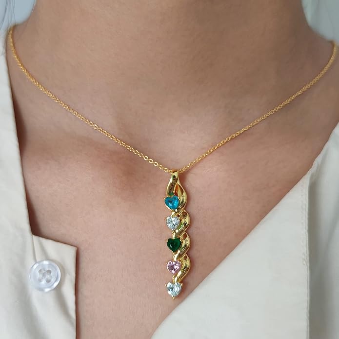 MissNaNa Sterling Silver Personalized Mothers Necklace with Simulated Birthstones Engraved 1-6 Children Names Custom Love Heart Pendant Family Necklace for Women Mother's Day Birthday