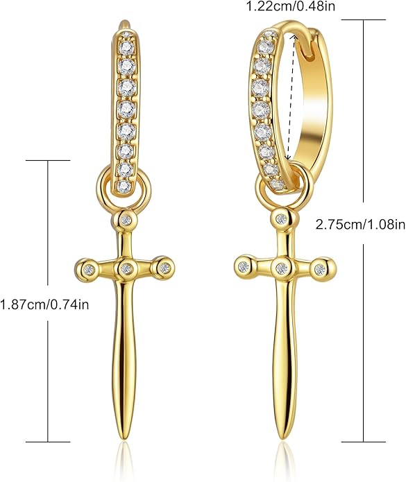 Dagger Hoop Cuff Earrings Cubic Zirconia Hypoallergenic Cartilage Earrings Huggie Ear Piercing Sword Small Dangle Drop for Women & Men BFF Stylish Jewelry