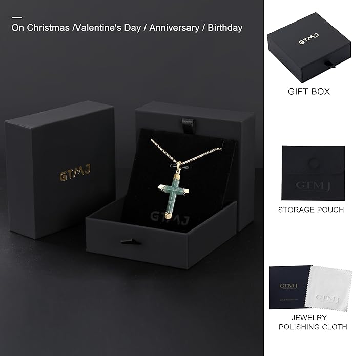 GTMJ Cross Necklace for Men -Stainless Steel & Gemstone Adjustable Box Chain 24-26in, Spiritual Jewelry Gift for Him, Everyday Wear