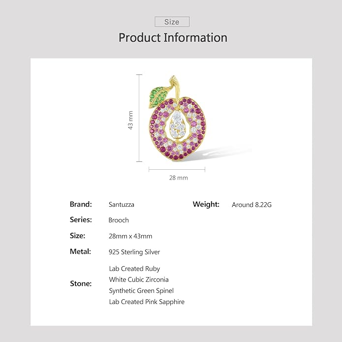 Santuzza 925 Sterling Silver Gemstone Pin Brooch for Women