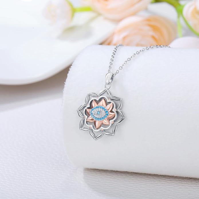 Evil Eye Necklace for Women 925 Sterling Silver, Protection Necklace with Blue Evil Eye Charm, Evil Eye/Lotus Pendant Jewelry, Birthday Christmas Gifts for Her