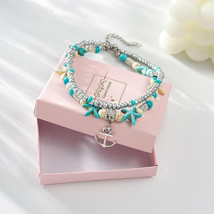Starain Blue Turtle Anklets for Women Multilayer Beads Handmade Beach Ankle Bracelet Set Boho Foot Jewelry