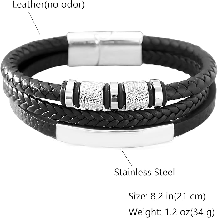 Italian Handmade Genuine Leather Bracelets for Men Stainless Steel Clip, Men's Casual Genuine Multi-layer Cuff Bracelet, Bracelet Gift for Real Men
