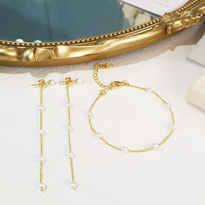 Lariat Gold Necklace for Women, Dainty Long Necklace 14k Gold Plated/Silver Y-Shaped Layered Beaded Chain Drop Necklaces for Women Trendy Simple Gold Jewelry for Women Gifts