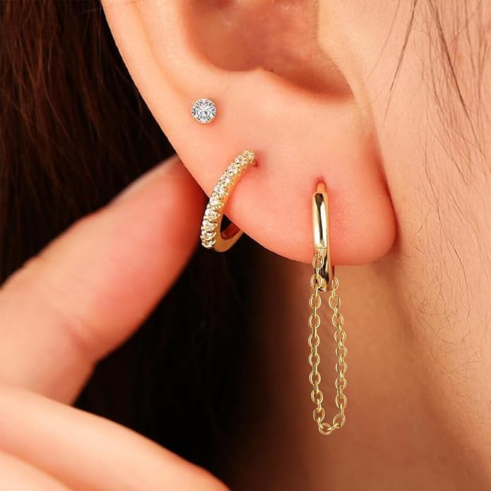 Gold Hoop Earrings for Women - 4 Pairs 14K Gold Plated Dainty Huggie Stacks Set for Multiple Piercing, Hypoallergenic Cartilage Earrings CZ Trendy Fashion Jewelry