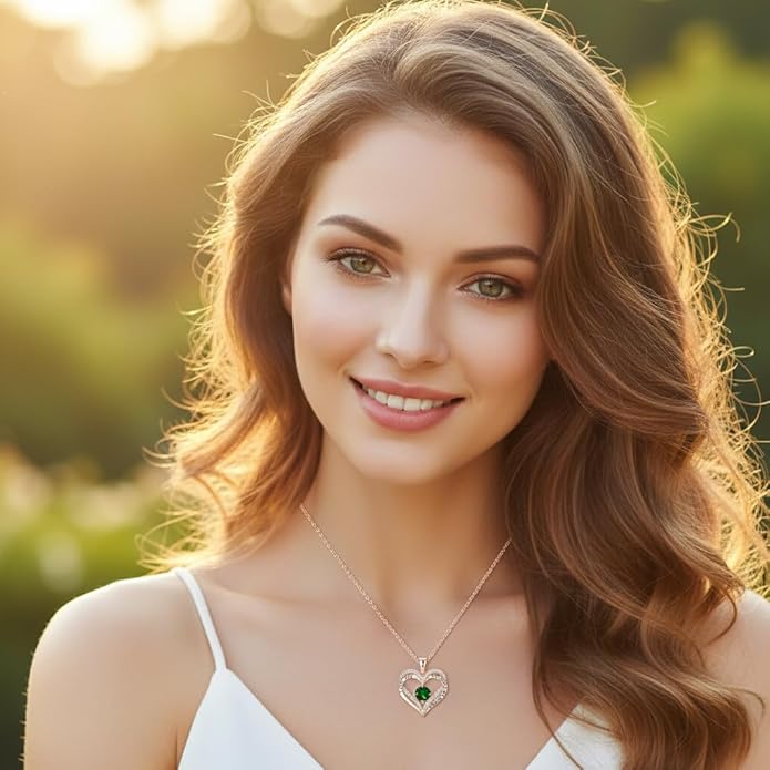 Birthstone Heart Necklace for Women Wife Girlfriend Mom Daughter Gifts S925 Silver Jewelry For Anniversary Rose Gold Gifts For Birthday Christmas Mothers Valentines Day