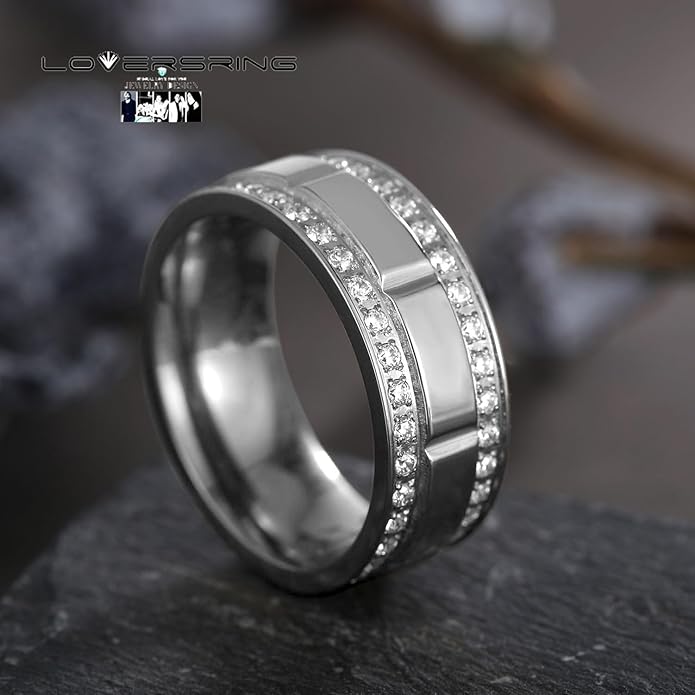 TWO RINGS Wedding Ring Sets His And Hers Promise Ring Couples Bridal Sets Women 925 Sterling Silver square Cz Man Stainless Steel Brushed Finished Wedding Bands