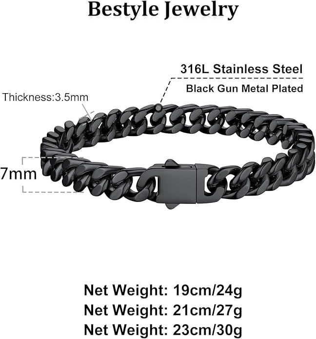 Bestyle Thick Mens Cuban Link Chain Bracelets, Durable Real 18K Gold/Black Metal Plated Solid Stainless Steel Hand Chain Cuban Bracelets for Men, Silver Black Gold Bracelets for Father Husband