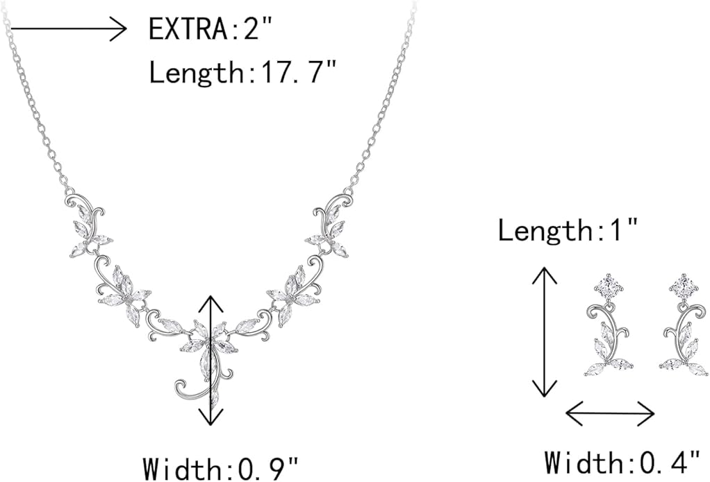 Crysdue Flower Leaf Wedding Jewelry Set for Bridal Bridemaid, Cubic Zirconia Teardrop Elegant Silver/14K/Rose Gold Plated Vine Necklace Dangle Earrings for Prom Party