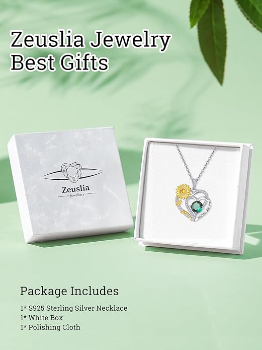 Zeuslia Double Birthstone Necklace Gifts for Wife - 925 Sterling Silver Sunflower/Rose/Crown Cross/Compass/Heart Pendant I Love You Necklace, Anniversary Birthday Gifts for Wife Girlfriend Mom Her