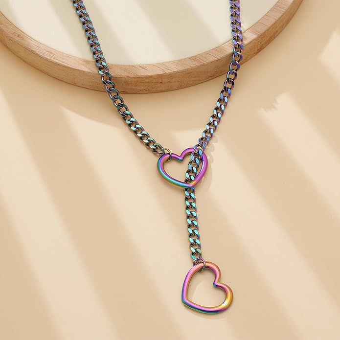 Heart Slip Chain Necklaces for Women,Stainless Steel O-Ring Adjustable Lariat Y-Necklace,Punk Gothic Cuban Collar Choker Necklace for women
