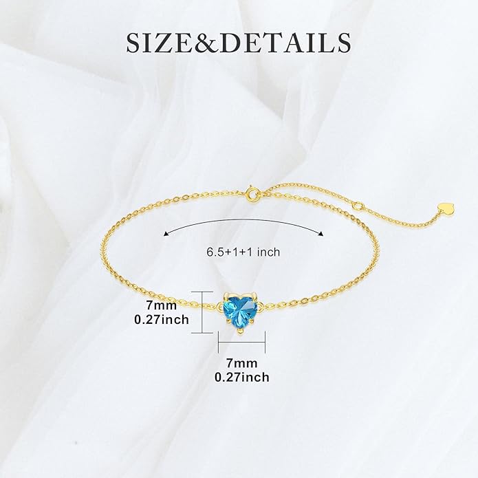 14k Gold Love Heart Gemstone Bracelet for Women,7MM Heart-cut Created Birthstone Anniversary Birthday Mother's Day Bracelets Jewelry for Mom Her 6.5''+2''