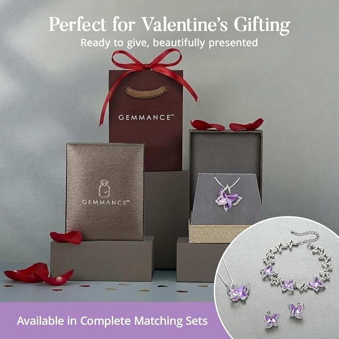 GEMMANCE Valentine's Day Gift Butterfly Birthstone Crystal Necklace, Silver Tone with 18”+2” Chain, Necklace for Mother’s Day Anniversary Birthday Gifts for Women and Daughter