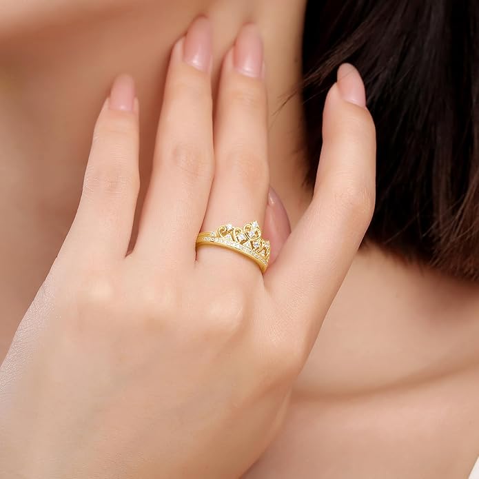 Princess Crown Ring, Round Cut Moissanite, Cubic Zirconia, Lab Grown or Natural Diamond Promise Ring for Women in 14K Gold Plated 925 Sterling Silver Jewelry Gift for Her