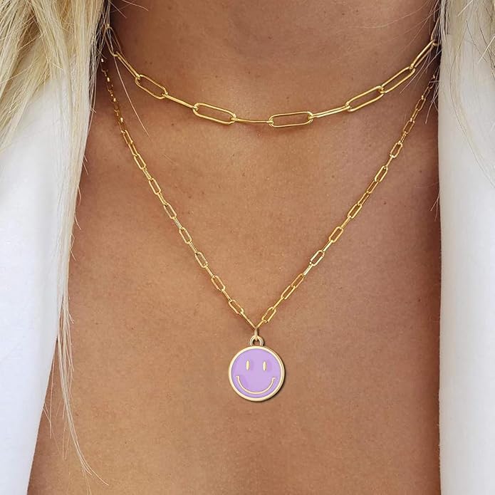 Smile Pendant Necklace Smile Face Chain Necklace Paperclip Necklace Cute Round Pendant Necklace Preppy Jewelry for Women Girls