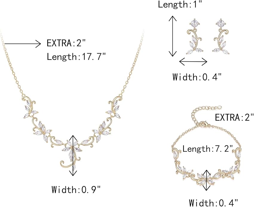 Crysdue Flower Leaf Wedding Jewelry Set for Bridal Bridemaid, Cubic Zirconia Teardrop Elegant Silver/14K/Rose Gold Plated Vine Necklace Dangle Earrings for Prom Party