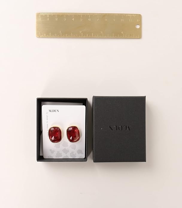 M.DUN- Round Edges Rectangle Shape Studs Earring. Abalone Amber Turquoise Resin Stone Design, 18k Real Gold Plated Bezel, Hypoallergenic Gorgeous Gift for Women