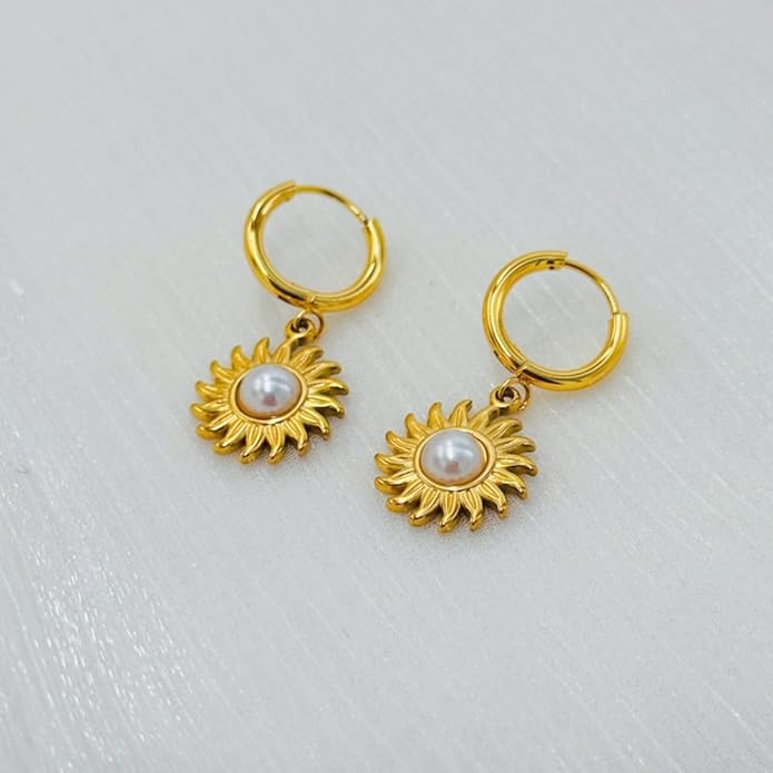 Sunburst Heart Dangle Hoop Earrings, 18K Gold Plated hypoallergenic Stainless Steel Cute Jewelry for Women daily Wear
