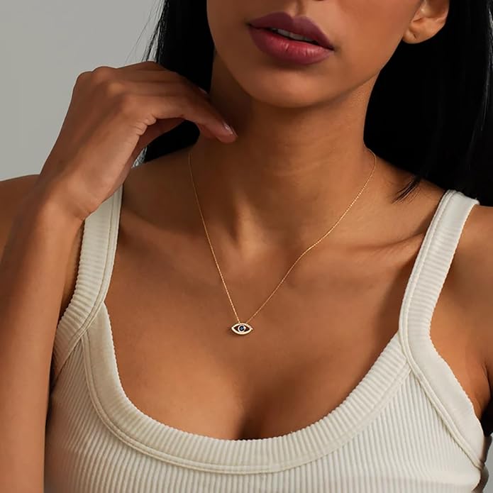 Lcbulu Dainty 14K Gold Plated Evil Eye Necklace for Women - Delicate CZ Diamond Choker Pendant Necklace Jewelry Gift