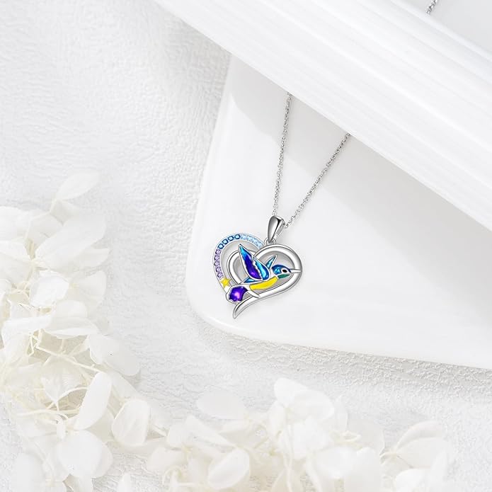 Hummingbird Necklace Hummingbird Necklaces for Women Sterling Silver 925 Purple Blue Hummingbird's Heart Pendant Jewelry Memorial Mothers Day Christmas Gifts