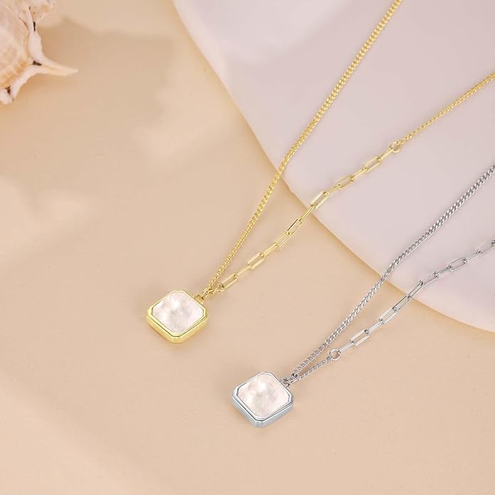 SUNFEEL Mother of Pearl Pendant Necklace 14K White/Yellow Gold Plated Sterling Silver Necklace for Women Dainty Jewelry Gifts for Mom Wife Girlfriend, Length 16+2 Inch