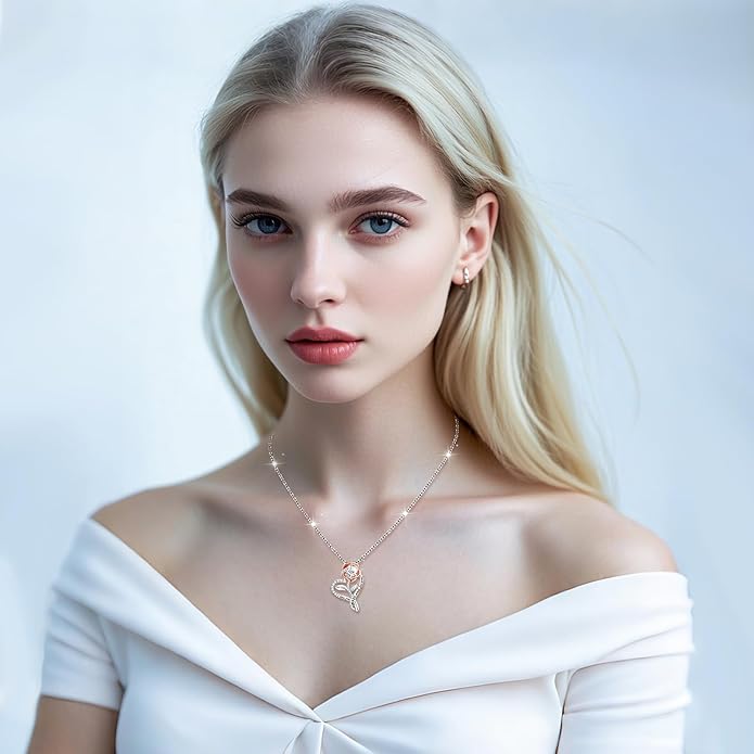 Heart Necklaces for Women Anniversary Birthday Valentine Gifts for Her Wife Girlfriend Gifts, I Love You Always And Forever Rose Flower Jewelry for Mom Daughter Sister Friend S925 Sterling Silver
