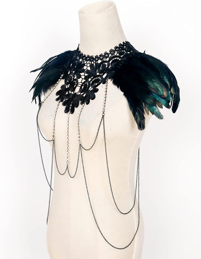 L'VOW Real Black Feather Harness Lace Collar Necklace Bib Halloween