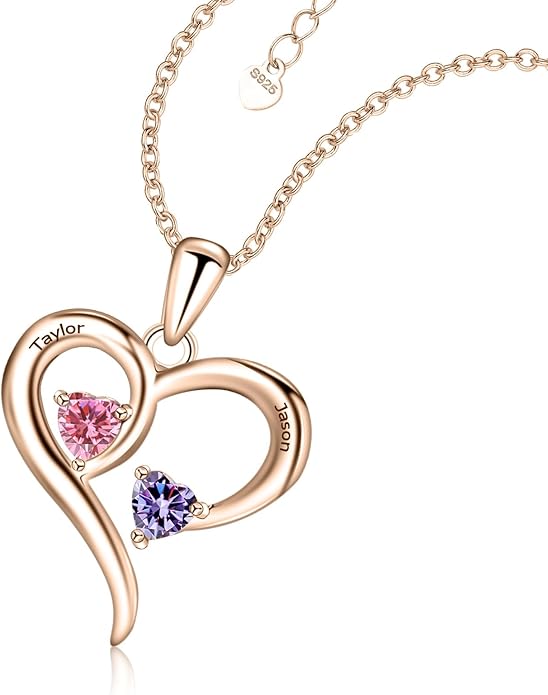 JOBFLY S925 Sterling Silver Customized 2 Birthstone Heart Necklace with 2 Name Engraved Personalized Mother Daughter Necklace Couple Jewelry Christmas Birthday Gift