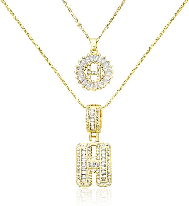 14K Gold Plated Initial Letter Pendant Necklace, Cubic Zirconia Crystal, Copper Chain