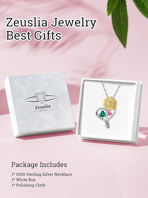 Zeuslia Double Birthstone Necklace Gifts for Wife - 925 Sterling Silver Sunflower/Rose/Crown Cross/Compass/Heart Pendant I Love You Necklace, Anniversary Birthday Gifts for Wife Girlfriend Mom Her