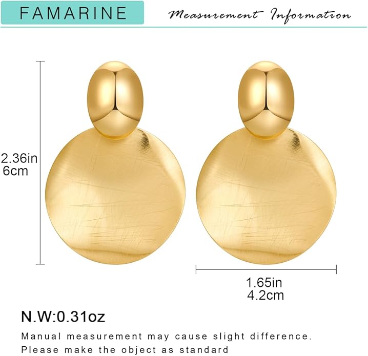 FAMARINE Big Disc Drop Earrings Gold Dangle Earrings Round Hammered Earrings Women
