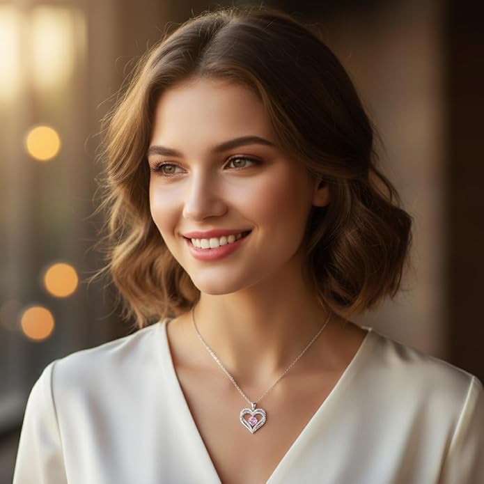 Birthstone Heart Necklace for Women Wife Girlfriend Mom Daughter Gifts S925 Silver Jewelry For Anniversary Rose Gold Gifts For Birthday Christmas Mothers Valentines Day