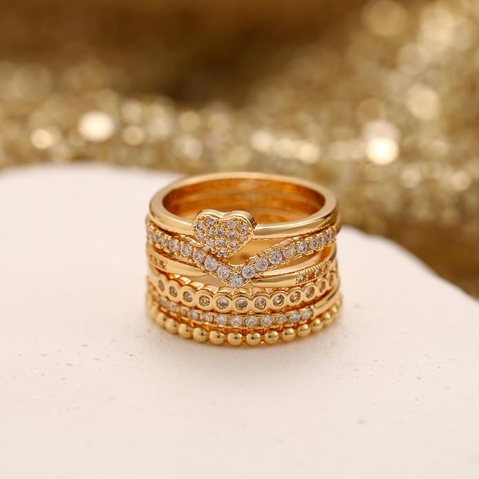 FAXHION Gold Rings for Women Non Tarnish, 14k Gold Plated Stacking Cubic Zirconia Thumb Ring Set, Dainty Gold Knuckle Women Rings Set Size 5 6 7 8 9 10