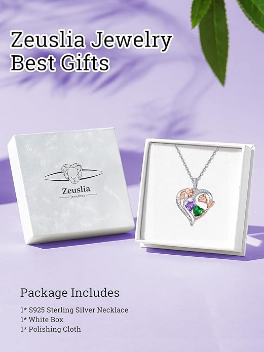 Zeuslia Double Birthstone Necklace Gifts for Wife - 925 Sterling Silver Sunflower/Rose/Crown Cross/Compass/Heart Pendant I Love You Necklace, Anniversary Birthday Gifts for Wife Girlfriend Mom Her
