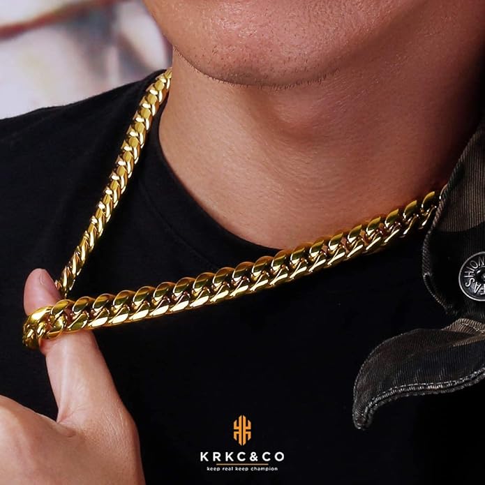 KRKC&CO Cuban Link Chain for Men 8/10/12/14mm, Brithday Gift for Men, 18k Gold Miami Necklace, Durable, Anti-Allergies Hip Hop Jewelry for Mens