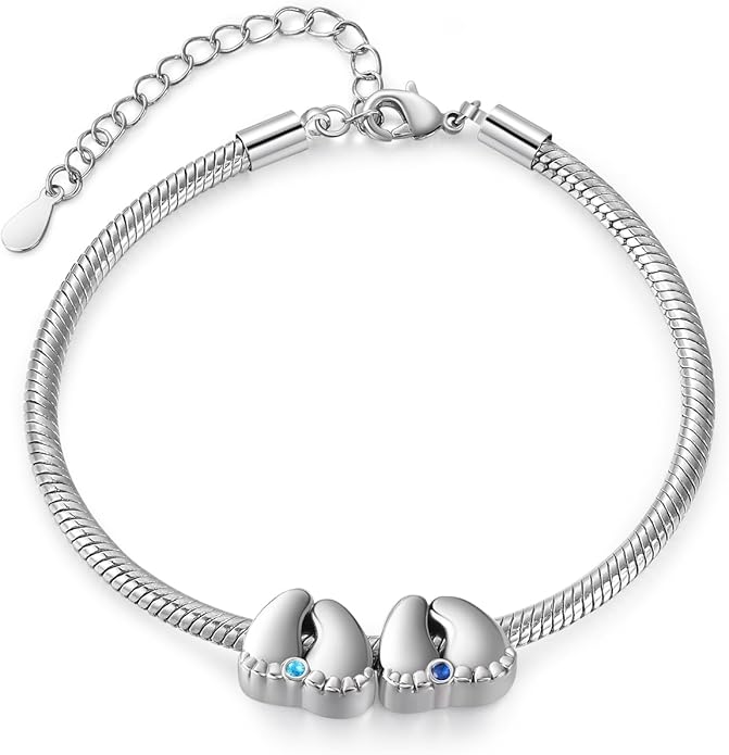 Jeweidea Personalized Foot Charm Birthstone Bracelet – Custom Engraved Bracelet with 1–5 Foot Charms, Name and Date Engraving, Meaningful Jewelry Gift for Mom Wife