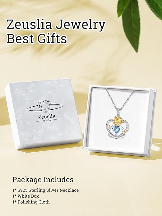 Zeuslia Double Birthstone Necklace Gifts for Wife - 925 Sterling Silver Sunflower/Rose/Crown Cross/Compass/Heart Pendant I Love You Necklace, Anniversary Birthday Gifts for Wife Girlfriend Mom Her
