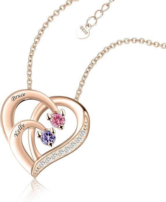 JOBFLY S925 Sterling Silver Customized 2 Birthstone Heart Necklace with 2 Name Engraved Personalized Mother Daughter Necklace Couple Jewelry Christmas Birthday Gift