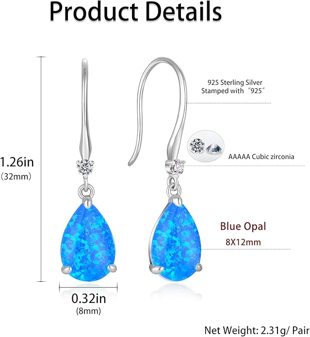 Opal Earrings 925 Sterling Silver Hook Drop Teardrop Gemstone Earrings October Birthstone Dangle Earrings Jewelry Gift for Women