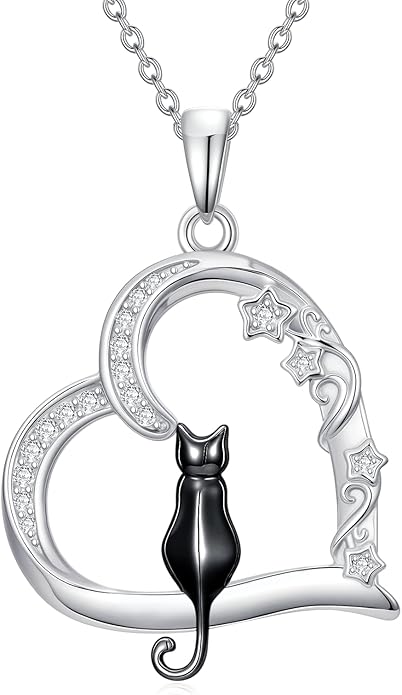 Cat Gifts for Women 925 Sterling Silver Heart Moon Cat Necklace Pendant Women Jewelry Halloween Christmas Gifts