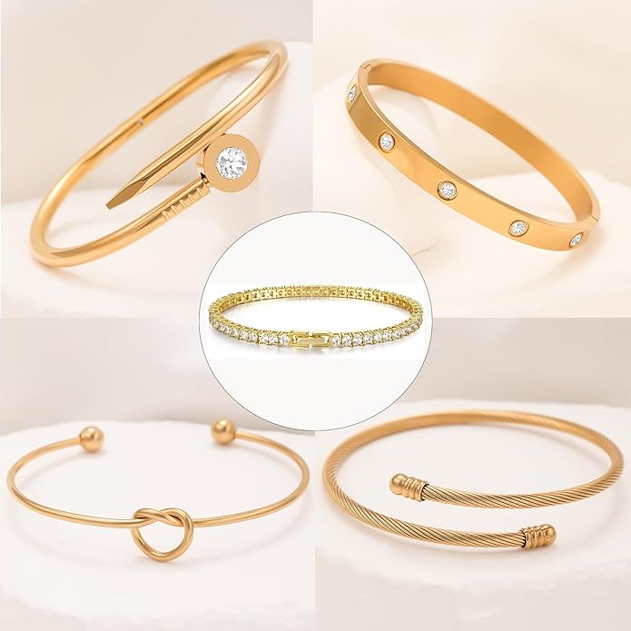FAFUGA 18 K Gold Plated Love Bangle Bracelet Stack Cuff Jewelry for Women Jewelry Set for Women Gift with Box