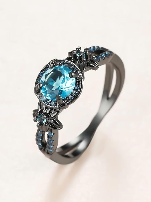 Gothic Black Rings for Women, Mystic Rainbow Topaz with Created Amethyst Flower Goth Black Gold Wedding Engagement Ring Size 6 to 11