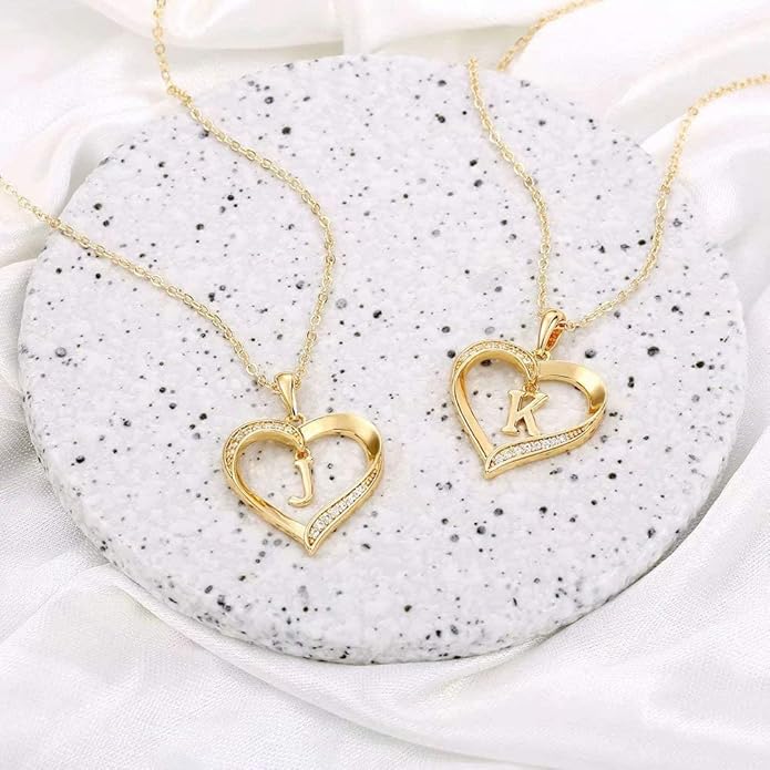 Heart Initial Necklace for Women, 14K Gold Plated Cubic Zirconia Heart Pendant Necklace, Dainty Initial Charm Necklace Letter A to Z Initial Jewelry for Women Girls
