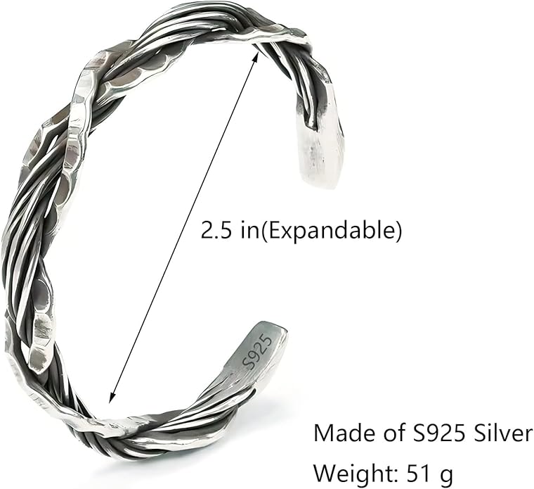 Kim Carrey S925 Sterling Silver Bracelet, Open Bangle Cuff Design, Men's Stacked Bracelets Gift Jewelry for My Man