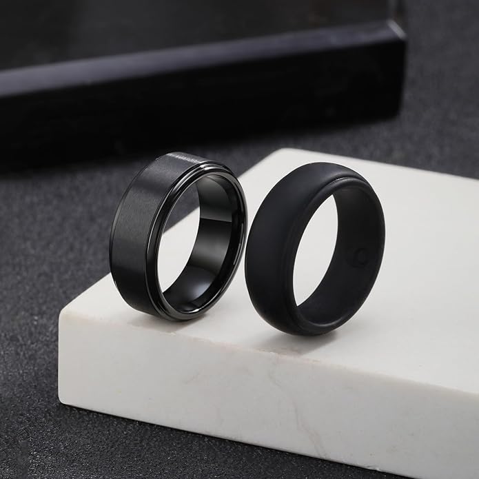 VNOX 2PCS Mens Wedding Band Set Silicone Tungsten Rings for Men,8mm Black Ring Promise Engagement Anniversary Bands Comfort Fit Size 8-12
