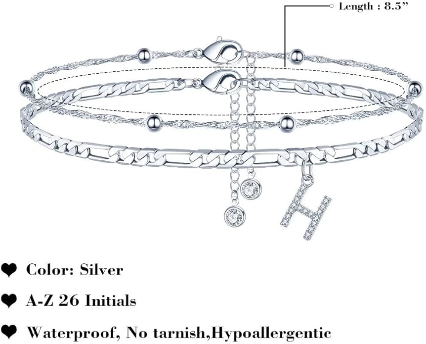 Ursteel Ankle Bracelets for Women, 14K Gold Plated Dainty Layered Chain CZ Initial Anklets Summer Jewelry Gifts for Women