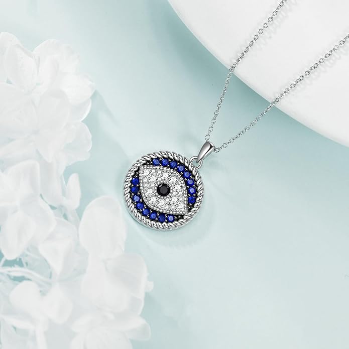 YFN Evil Eye Pendant Necklace for Women 925 Sterling Silver Greek Protection Jewelry with Blue Sapphire and Black Cz Amulet Gift