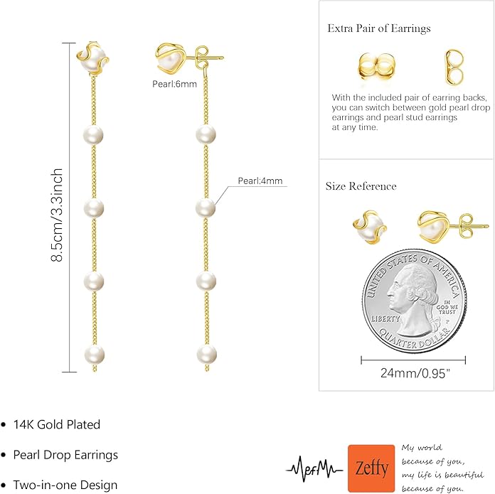 Zeffy Pearl Earrings for Women 14k Gold/Silver Pearl Drop Earrings Long White Pearl Tassel Dangle Statement Earrings Bridal Wedding Dainty Prom Earrings Birthday Gifts Jewelry