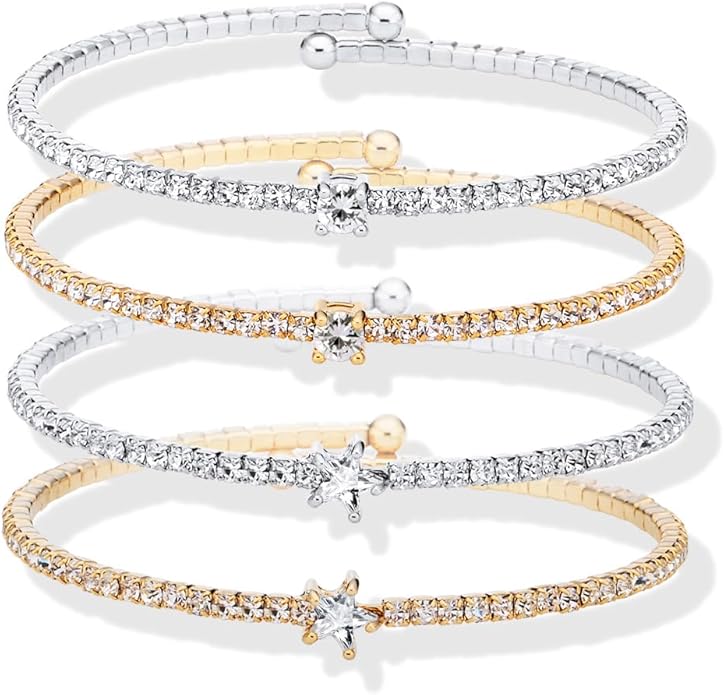 OZEL – Women’s Gold Cuff Bracelets – 18K Gold Plated Textured Bangles with Multi-Color Crystal & Rhinestone Accents – Layered Stacking Jewelry
