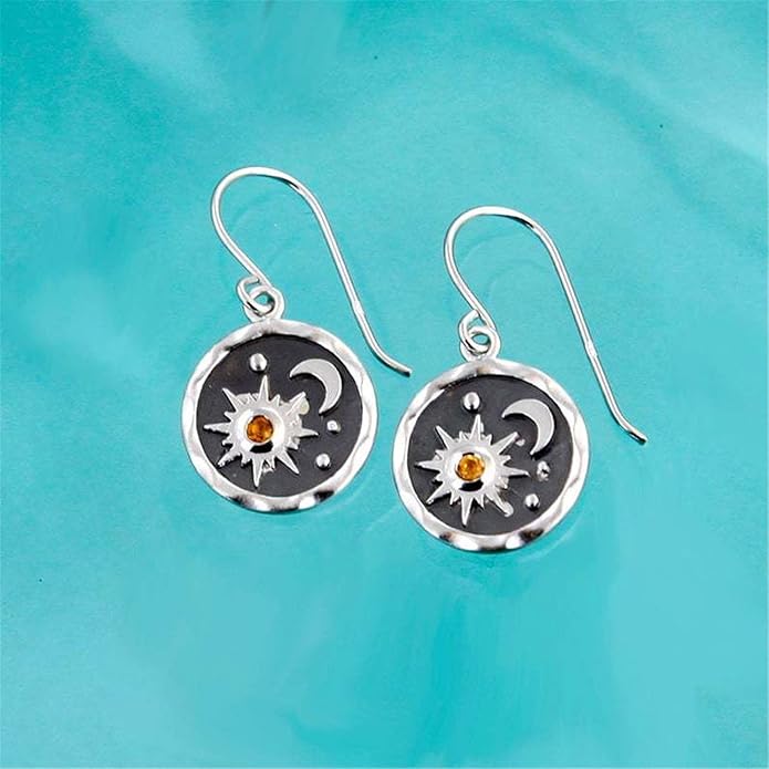 MALOYANVE Vintage Sun and Moon Drop Dangle Earrings for Women Unique lightweight Handmade Retro Boho Antiqued Gold Silver Round Coin Earrings for Women Jewelry
